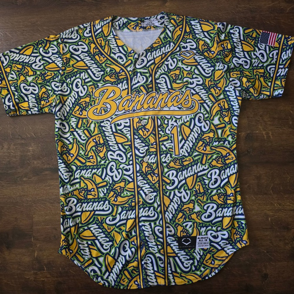 Evoshield Savannah Bananas Baseball Jersey Mens Large All Over Print Button Up